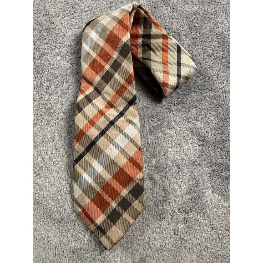 Uomo Venetto Mens Plaid Necktie Orange Tan Brown White Hand Made Classic Tie‎
